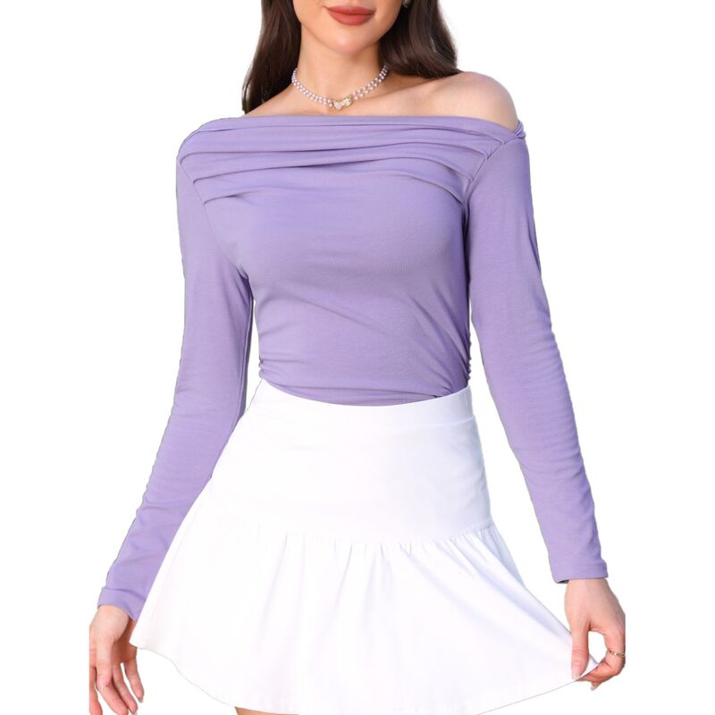 インスパイア 今めかしい レディース トップス プルオーバー ギャザー トップ INSPIRE CHIC Off Shoulder Long Sleeve Tops for Women\u0027s Casual Ruched Shirts Blouses Purple パープル