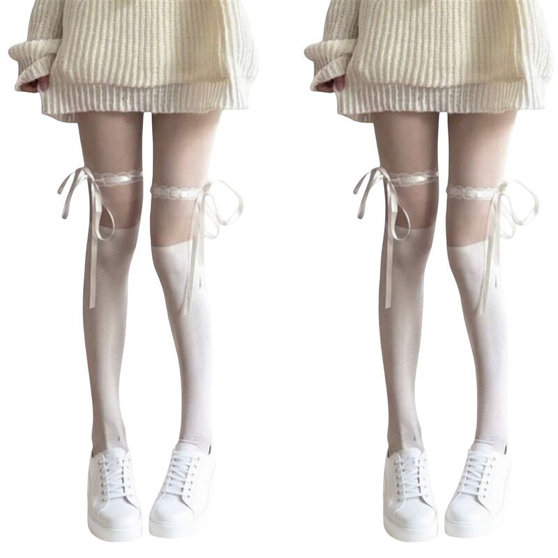 アンナカシ レディース アンダーお召しもの ソックス シアー 繻子 Anna-Kaci 2pcs Women\u0027sheer Over-the-Knee Tights with Satin Ribbon Bow and Scallopedge Design White 白いこと