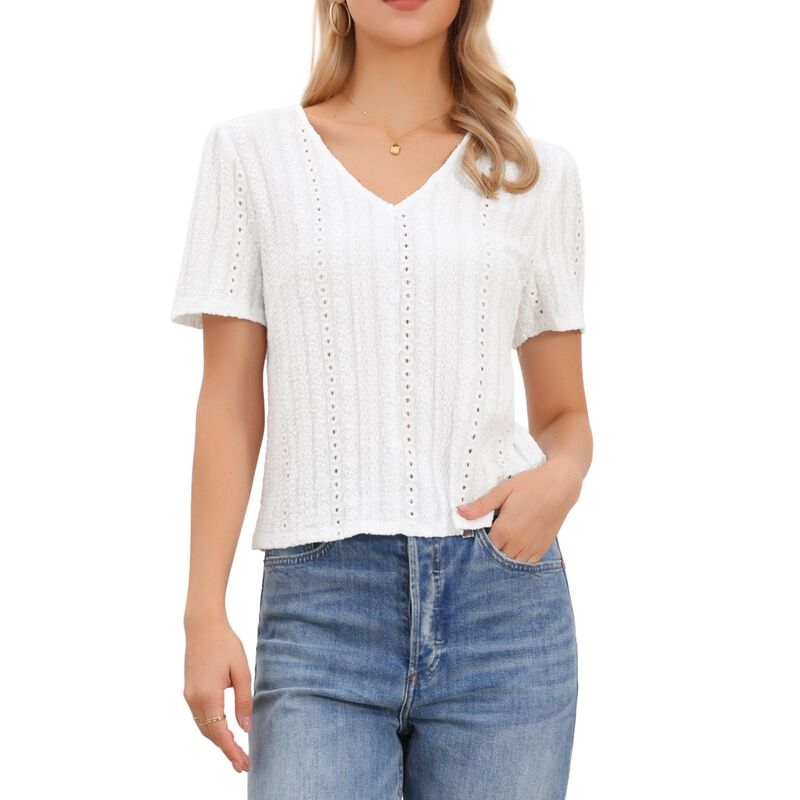 インスパイア 今めかしい レディース トップス プルオーバー Vのど首 トップ INSPIRE CHIC V Neck Tops for Women Eyeletexture Short Sleeve Button Decor Casual Blouse White 白いこと