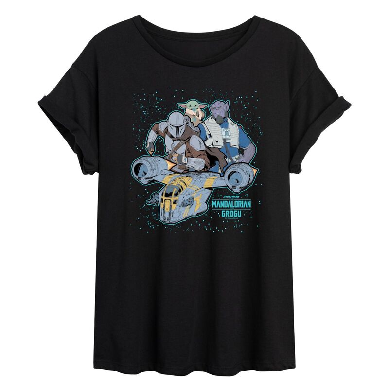 アニメ文字記号 レディース トップス プルオーバー Licensed Character Juniors\u0027 Star Wars The Mandalorian \u0026 Grogu Galaxy Collage Oversized Tee Black 黒いこと