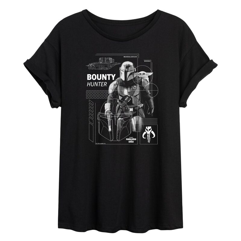 アニメ文字記号 レディース トップス プルオーバー Licensed Character Juniors\u0027 Star Wars The Mandalorian \u0026 Grogu Bounty Hunter Oversized Tee Black 黒いこと
