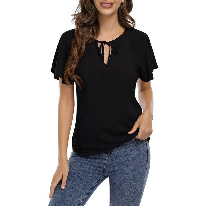 せつ然たる御花 レディース トップス プルオーバー Vのど首 フラウンス トップ ClearFlower Women Ruffle Short Sleeve Blouse V-Neck Tie Front Flowy Top Black 黒いこと