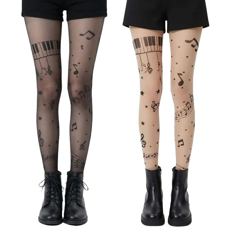アンナカシ レディース アンダーお召しもの ソックス シアー Anna-Kaci 2pcs Women\u0027sheer Tights with Musical Note and Piano Pattern Design Beige Black 黒いこと