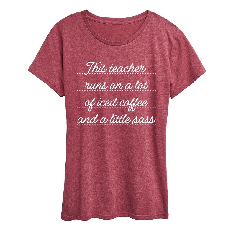 アニメ文字記号 レディース トップス プルオーバー グラフィック Licensed Character Women\u0027s This Teacheruns On A Lot Of Iced Coffee \u0026 A Little Sass Graphic Tee Heather Dark Red ギョリュウモドキ
