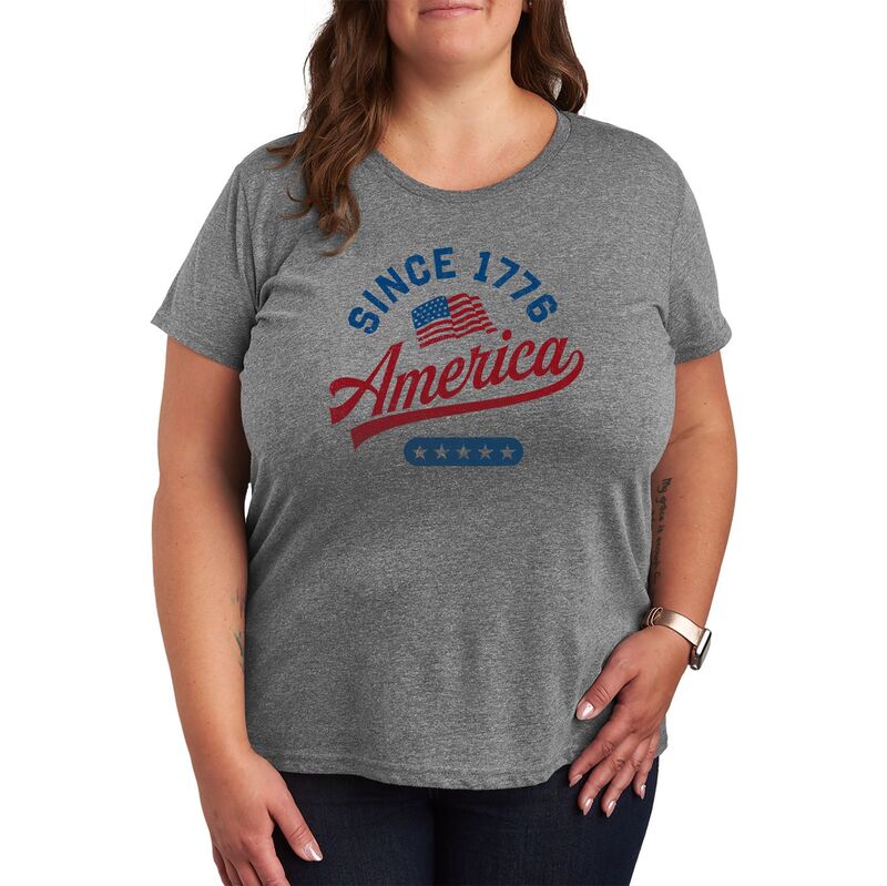 アニメ文字記号 レディース トップス プルオーバー 足し加える大きさ グラフィック LICENSED CHARACTER Plusize America Since 1776 Graphic Tee Heather Gray 薄墨色