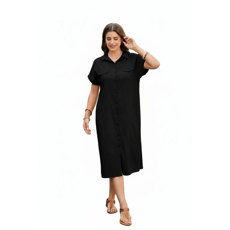 ジーグー レディース トップス ワンピース ミディ シャツ Zeagoo Women's Casual Short Sleeve Loose Tunic Midi Shirt Dress Cover up with Pockets Black ブラック|ReVida 店