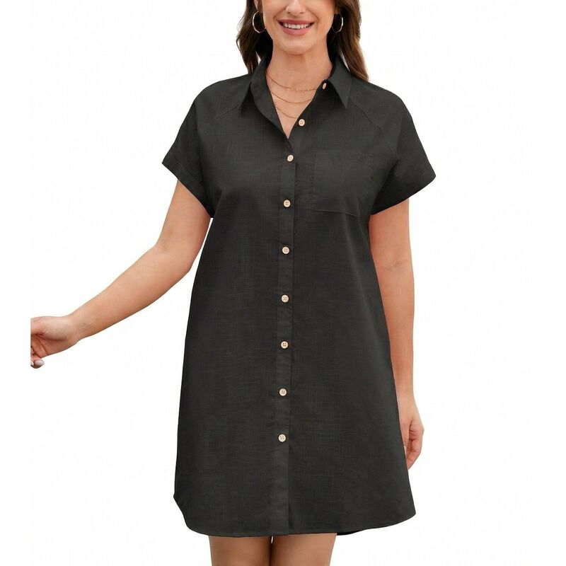 ジーグー レディース トップス シャツ Vネック ボタンダウン ショートパンツ ダウン Zeagoo Women'shortSleeve V-Neck Button Down Tunic Shift Dress Casual Comfy Shirt Dress with Pocket Black ブラック|ReVida 店