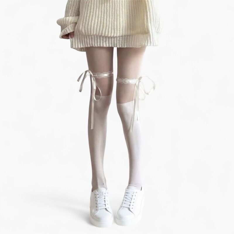 アンナカシ レディース アンダーお召しもの ソックス シアー 繻子 Anna-Kaci Women\u0027sheer Over-the-Knee Tights with Satin Ribbon Bow and Scallopedge Design White 白いこと