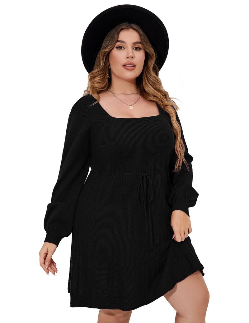 クリアフラワー レディース トップス ワンピース プラスサイズ セーター ClearFlower Women's Plusize Casual Sweater Dressquare Neck Long Lantern Pullover Dresses Black ブラック｜ReVida 店 10,514円