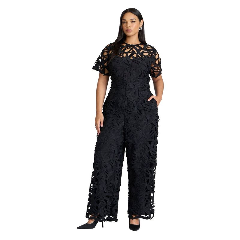 エロクイ レディース トップス ワンピース プラスサイズ 半袖 レース ジャンプスーツ ELOQUII Women's Plusize Short-Sleeve Lace Jumpsuit Black Onyx ブラック｜ReVida 店