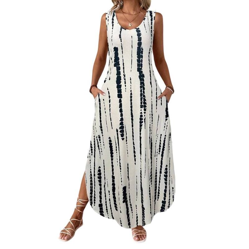 エリートスピリット レディース トップス ワンピース プリント ミディ ノースリーブ EliteSpirit Womensummer Sleeveless Midi Dress Printed Loose Splitank Dresses with Pockets Beach Vacation Apricot アプリコット｜ReVida 店