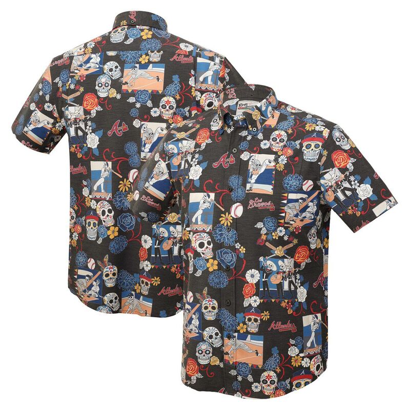 レインスプーナー メンズ トップス Tシャツ ダウン Men's Reyn Spooner Black Atlanta Braves Da De Los Muertos Tri-Blend Button-Down Shirt Brv Black ブラック｜ReVida 店