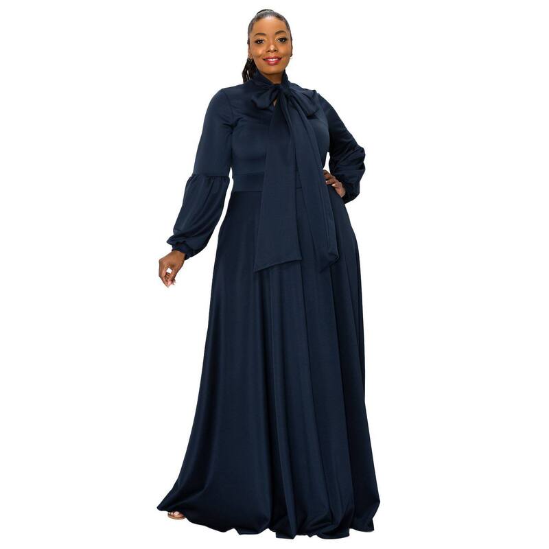 リブド レディース トップス ワンピース プラスサイズ L I V D Plusize Bella Donna Dress with Ribbon and Bishop Sleeves Navy ネイビー｜ReVida 店