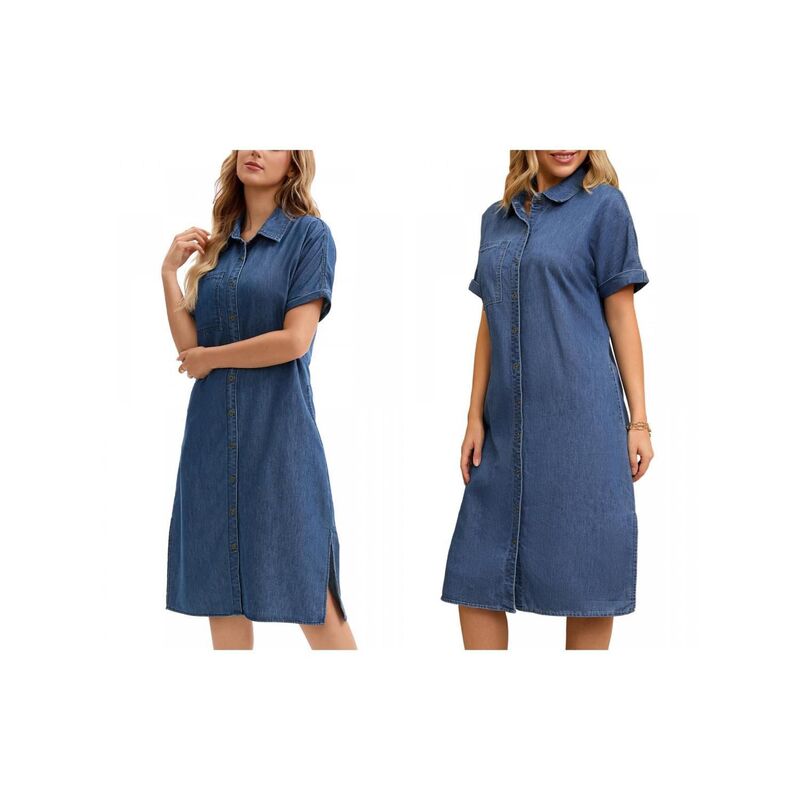 インスパイア シック レディース トップス ワンピース ボタンダウン ミディ シャツ ダウン デニム INSPIRE CHIC 2 Packs Women's Denim Dressummer Short Sleeve Button Down Casual Midi Jean Shirt Dress Blue Navy Blue ネイビー|ReVida 店