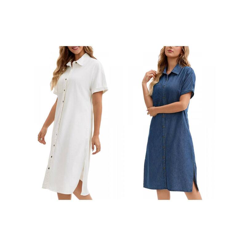 インスパイア シック レディース トップス ワンピース ボタンダウン ミディ シャツ ダウン デニム INSPIRE CHIC 2 Packs Women's Denim Dressummer Short Sleeve Button Down Casual Midi Jean Shirt Dress Navy Blue White ホワイト|ReVida 店