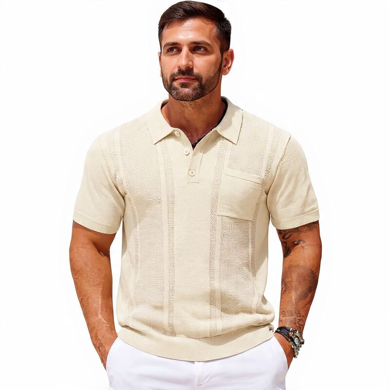 メガリテイラー メンズ トップス Tシャツ スリムフィット ポロシャツ ニット MegaRetailer Slim Fit Knit Polo Shirt with Pocket Cream クリーム｜ReVida 店