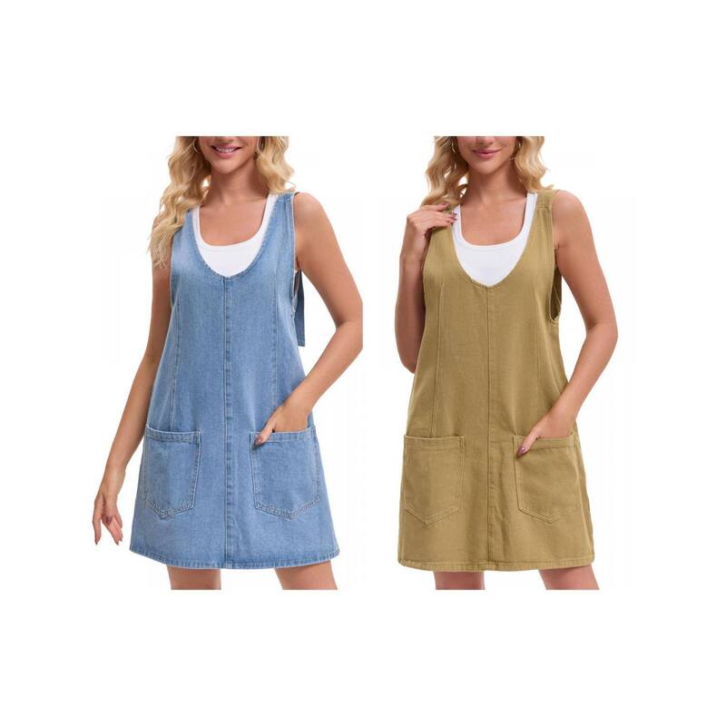 インスパイア シック レディース トップス ワンピース ロンパース ミニ オーバーオール ノースリーブ デニム INSPIRE CHIC 2 Packs Women's Denim Overalls Rolleromper Loose Casual Sleeveless Pinafore Mini Dresses Khaki Sky Blue ブルー｜ReVida 店