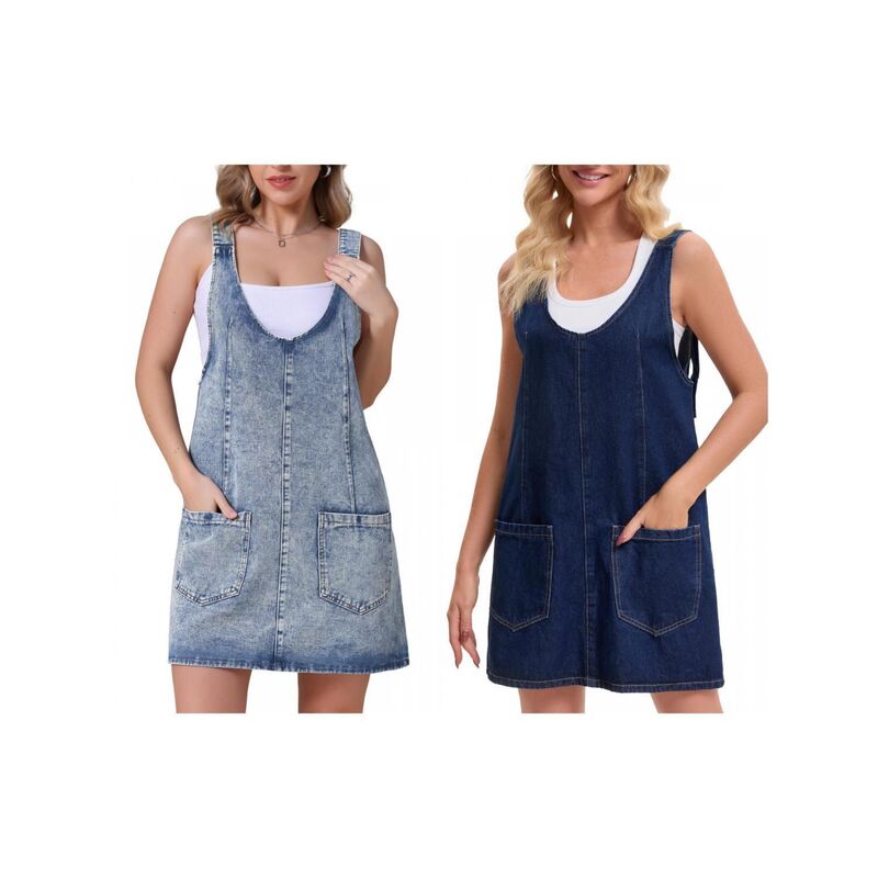 インスパイア シック レディース トップス ワンピース ロンパース ミニ オーバーオール ノースリーブ デニム INSPIRE CHIC 2 Packs Women's Denim Overalls Rolleromper Loose Casual Sleeveless Pinafore Mini Dresses Light Blue Deep Blue ブルー｜ReVida 店