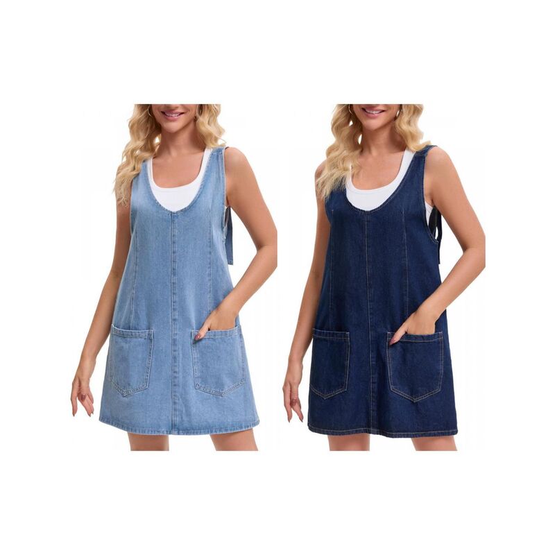 インスパイア シック レディース トップス ワンピース ロンパース ミニ オーバーオール ノースリーブ デニム INSPIRE CHIC 2 Packs Women's Denim Overalls Rolleromper Loose Casual Sleeveless Pinafore Mini Dressesky Blue Deep Blue ブルー｜ReVida 店