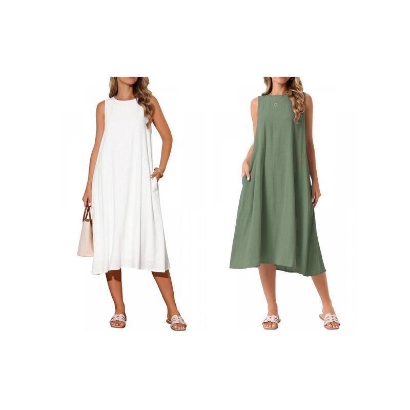 インスパイア シック レディース トップス ワンピース クルーネック ノースリーブ リネン INSPIRE CHIC 2 Packs Women's Linen Sleeveless Dresses Crewneck Loose Fit Shift Casual Tank Dress with Pockets White Green ホワイト|ReVida 店