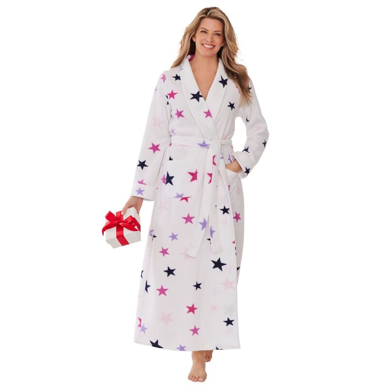ドリームスアンドコー レディース アンダーウェア ナイトウェア プラスサイズ Dreams & Co. Plusize Plush Wrap Robe White Stars ホワイト|ReVida 店
