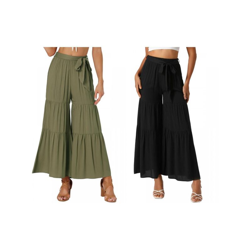 インスパイア シック レディース ボトムス カジュアルパンツ フリル裾 ワイドレッグ フリル INSPIRE CHIC 2 Packs Women's Boho Elastic High Waisted Tie Waist Ruffle Hem Wide Leg Palazzo Pants Black Army Green ブラック｜ReVida 店