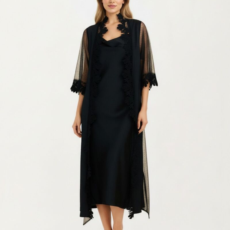 アンナカシ レディース アンダーウェア ナイトウェア レーストリム シアー レース Anna-Kaci Women's 2-Piece Set Smooth Sleepwear Slip Dress with Sheer Lace Trim Robe Lightweight Nightgown Set Black ブラック｜ReVida 店