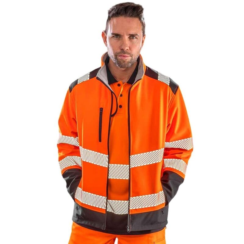 リザルト メンズ アウター ジャケット・ブルゾン SAFE-GUARD by Result Mens Ripstop Safety Soft Shell Jacket Fluorescent Orange オレンジ｜ReVida 店