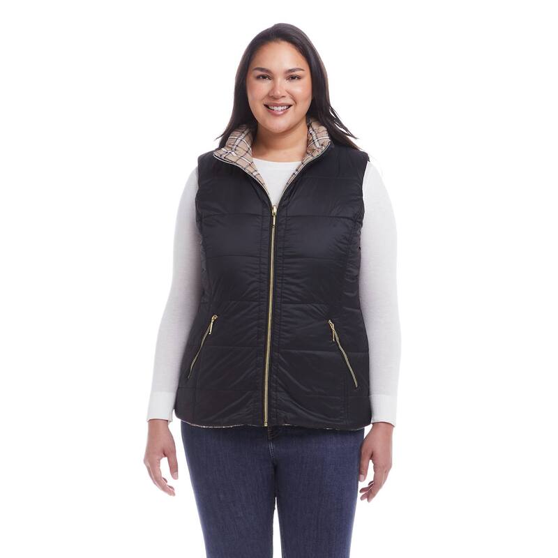 ウェザーキャスト レディース アウター ジャケット・ブルゾン プラスサイズ キルティング ベスト Plusize Weathercast Reversible Plaid Quilted Vest Black ブラック|ReVida 店