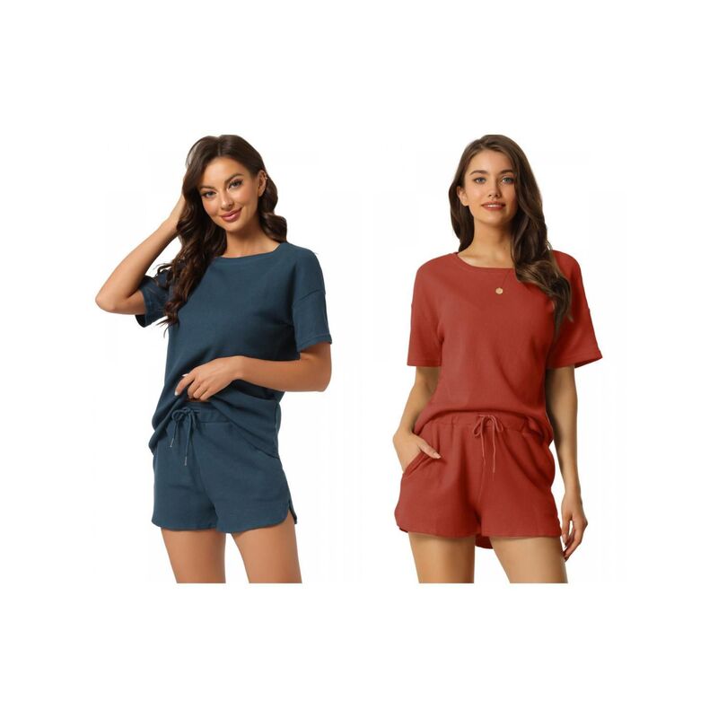 インスパイア シック レディース アンダーウェア ナイトウェア Tシャツ ショートパンツ INSPIRE CHIC 2 Sets Women's Lounge Sets with Pockets Waffle Outfits T-shirt and Shorts Loungewear Blue Red ブルー|ReVida 店