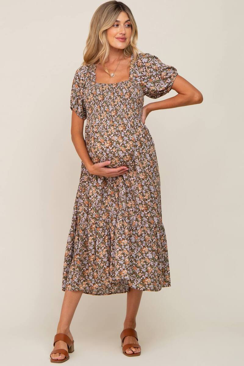 ピンクブラッシュ レディース トップス ワンピース フラワー柄 ミディ シャーリング マタニティ フラワー PinkBlush Maternity Floral Smocked Puff Sleeve Midi Dress Mocha モカ｜ReVida 店
