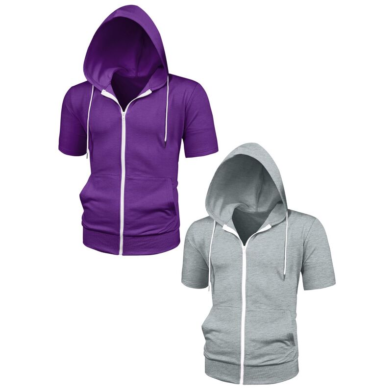 インスパイア シック メンズ トップス Tシャツ パーカー ジャケット INSPIRE CHIC 2 Packs Men's Hoodiesolid Color Zip Up Short Sleeve Jackets withood Gray Purple グレー｜ReVida 店