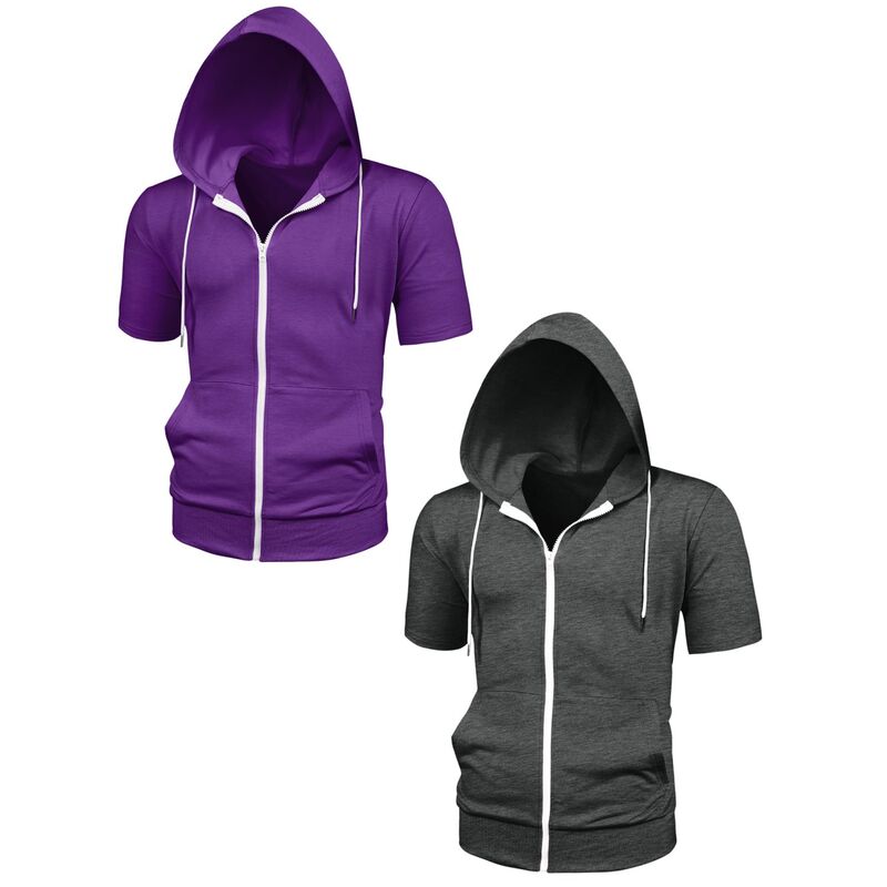 インスパイア シック メンズ トップス Tシャツ パーカー ジャケット INSPIRE CHIC 2 Packs Men's Hoodiesolid Color Zip Up Short Sleeve Jackets withood Purple Dark Gray グレー｜ReVida 店