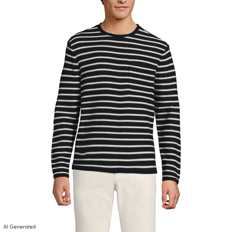 ランズエンド メンズ アウター ニット・セーター コットン Men's Lands' End Long Sleeve Cotton Rollneck Sweater Bla Moonbeam Stripe ストライプ｜ReVida 店