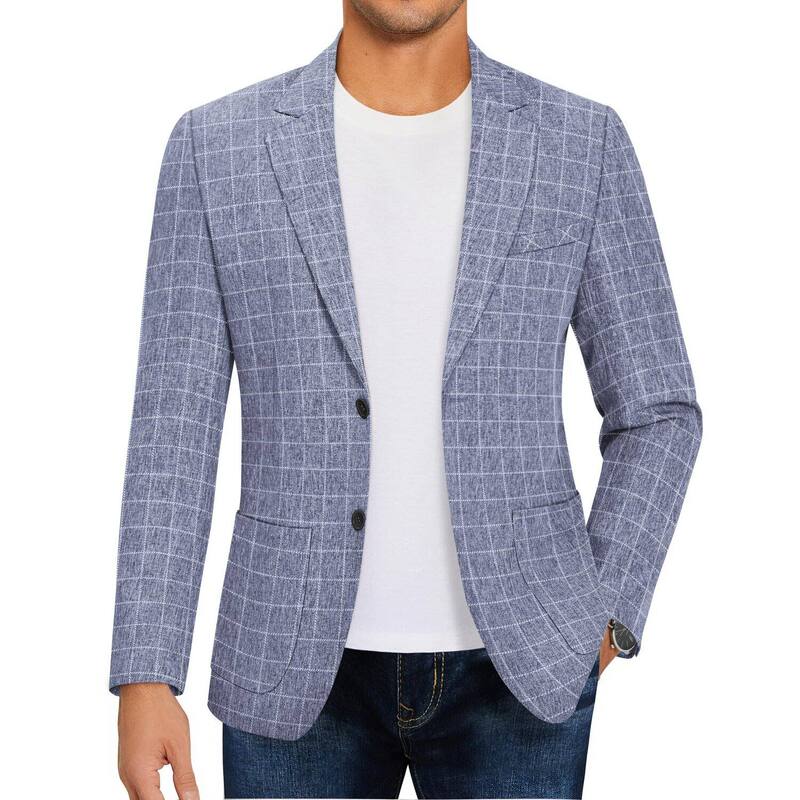 クーファンディ メンズ アウター ジャケット・ブルゾン レギュラーフィット コート ブレザー リネン COOFANDY Men Linen Summer Blazer Stylish Regular Fit Linen Sportcoat Business Work Suit Jacket Plaid Blazer Blue ブルー|ReVida 店