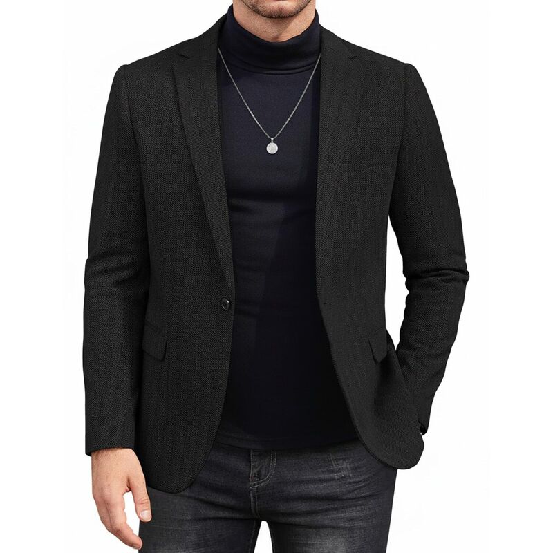 クーファンディ メンズ アウター ジャケット・ブルゾン コート ブレザー ニット COOFANDY Men' Casual Blazer Notched Lapel One Button Sport Coats Herringbone Knit Suit Jacket for Black ブラック|ReVida 店