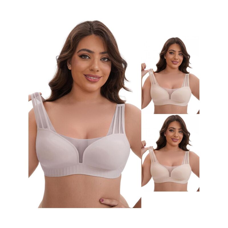 インスパイア シック レディース アンダーウェア ブラジャー Vネック ミニ メッシュ INSPIRE CHIC 3 Packs Women's Mesh Wireless Push Up Minimizers Wide Straps VNeck Lightweight Seamlessoft Bras Beige Purple パープル｜ReVida 店