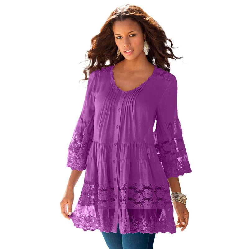 ロアマンズ レディース トップス Tシャツ プラスサイズ ブラウス レース Roaman's Women's Plusize Lace Illusion Blouse Purple Magenta マゼンタ|ReVida 店