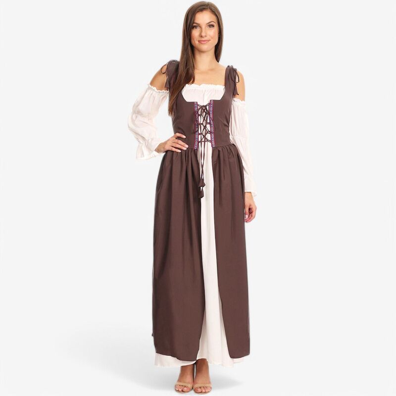 アンナカシ レディース トップス ワンピース レース Anna-Kaci Women's Renaissance Lace-Up Overdress with Shoulder Tie Straps Brown ブラウン｜ReVida 店