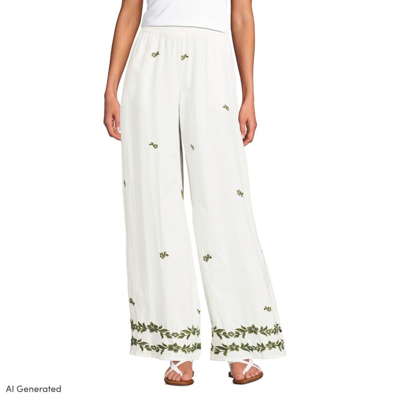 ランズエンド レディース ボトムス カジュアルパンツ ワイドレッグ 刺繍 Women's Lands' End Embroide red High Risextra Wide Leg Pants Ivory Green Vine アイボリー｜ReVida 店