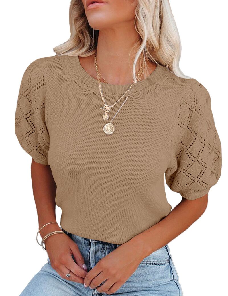 ジョイジョイ レディース トップス Tシャツ セーター クロップド レース ニット JoyJoy Women's Puff Sleeve Cropped Knitop Round Neck Eyelet Lace Short Sleeve Casual Sweater Top Red Apricot レッド｜ReVida 店