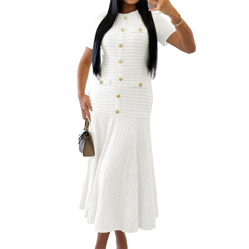 クリアフラワー レディース トップス ワンピース ミディ ニット ClearFlower Women's Knit Midi Dresshort Sleeve Round Neck Button Detail Fitted Hem Work Dress White ホワイト｜ReVida 店