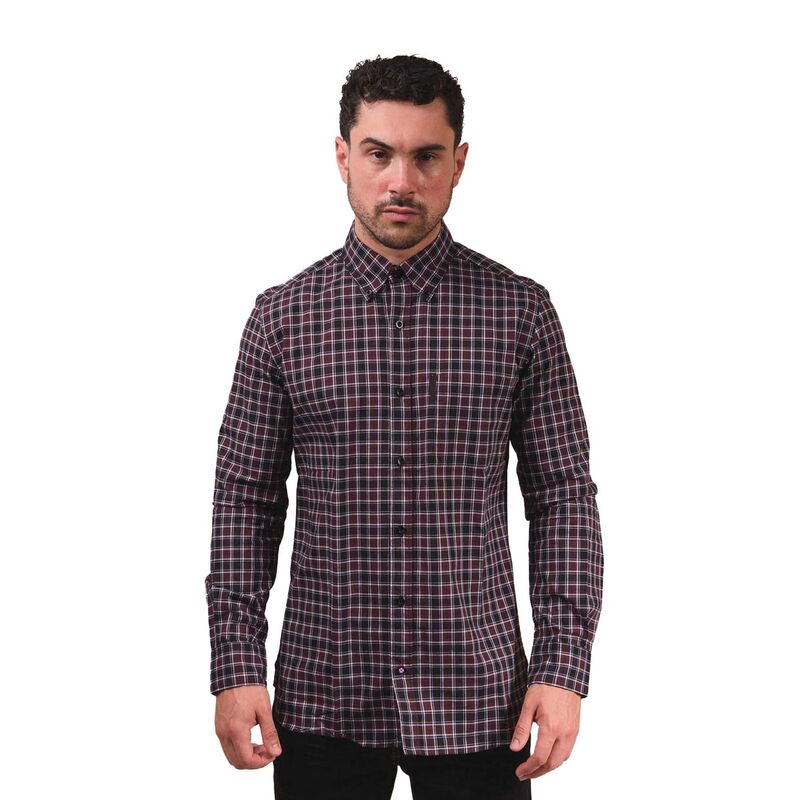 ランブレッタ メンズ トップス Tシャツ 長袖 Lambretta Mens Checked Long-Sleeved Shirt Burgundy And Black ブラック|ReVida 店