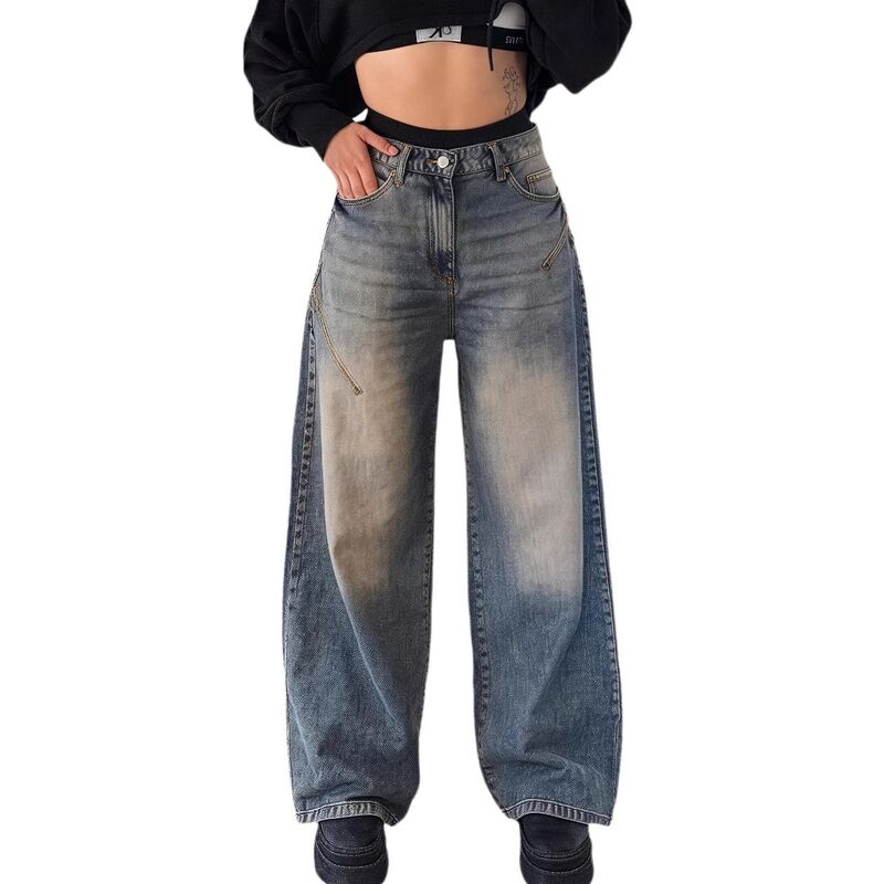 エリートスピリット レディース ボトムス デニムパンツ ワイドレッグ ヴィンテージーンズ EliteSpirit Womens Baggy Jeans Wide Leg Denim Pants 90s Vintage Hip Hop Loose Long Trouserstreetwear Dark Blue ブルー｜ReVida 店