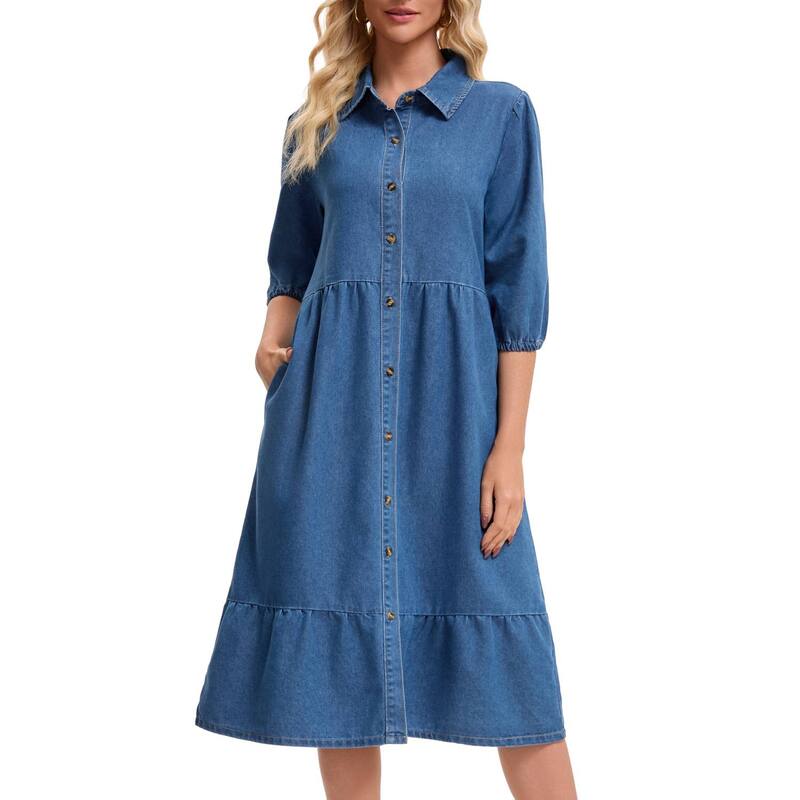 インスパイア シック レディース トップス ワンピース ティアード A ライン フリル ミディ デニム INSPIRE CHIC Women's Denim Dress Puffy 3/4 Sleeve Button Up Collar A Line Swing Ruffle Tie red Midi Jean Dresses Blue ブルー｜ReVida 店