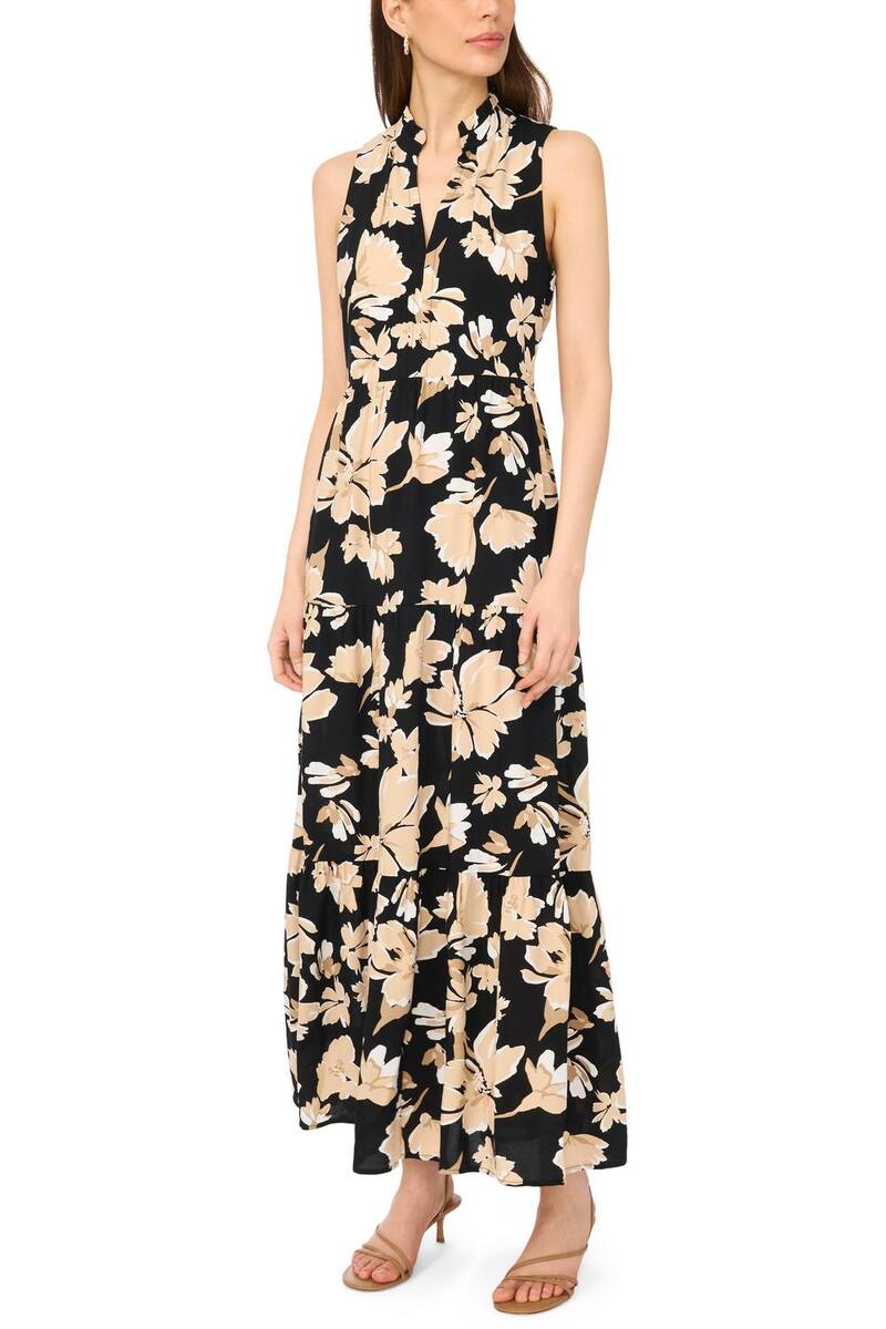 ミスク レディース トップス ワンピース Vネック ティアード ノースリーブ マキシ Women's MSK Sleeveless V-Neck Tie red Maxi Dress Black Neutral ブラック｜ReVida 店