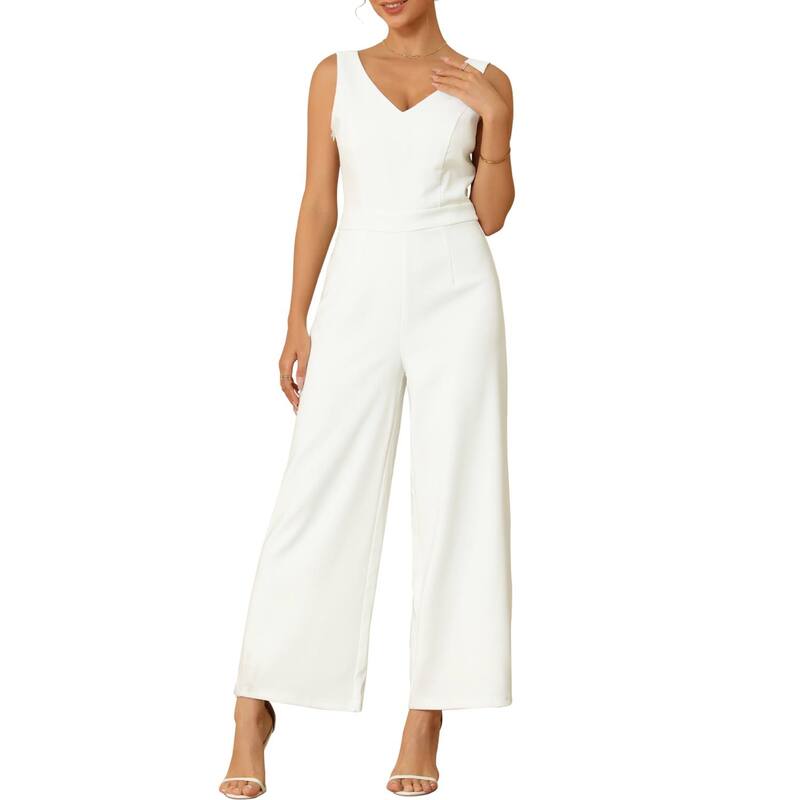 インスパイア シック レディース トップス ワンピース 背中開き ノースリーブ レース ジャンプスーツ INSPIRE CHIC Women'sleeveless Jumpsuits for Cocktailace Backless Wide Legs Formal Evening Jumpsuit White ホワイト｜ReVida 店