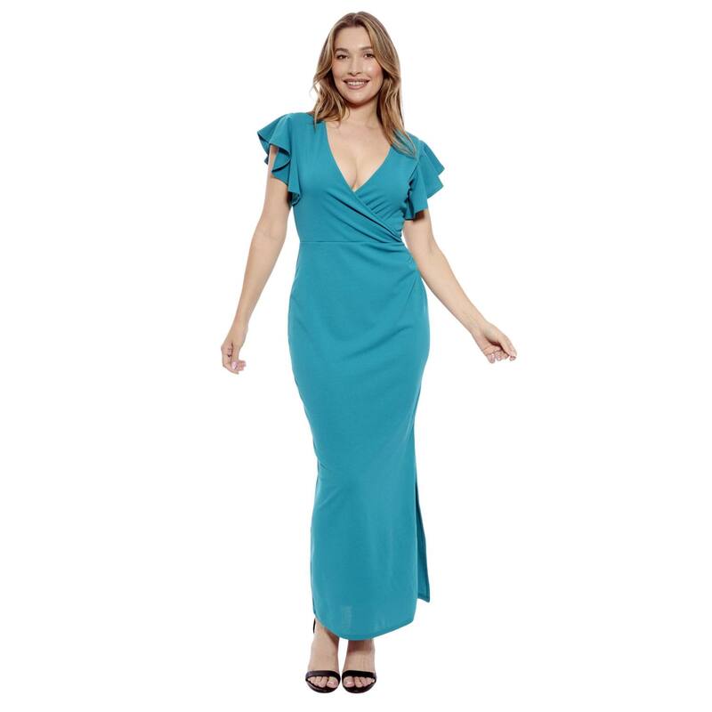 24 セブンコンフォート レディース トップス ワンピース Vネック フリル マキシ Women's 24Seven Comfort Apparel Solid V-Neck Tulip Hem Ruffle Sleeve Faux Wrap Maxi Dress Jade｜ReVida 店
