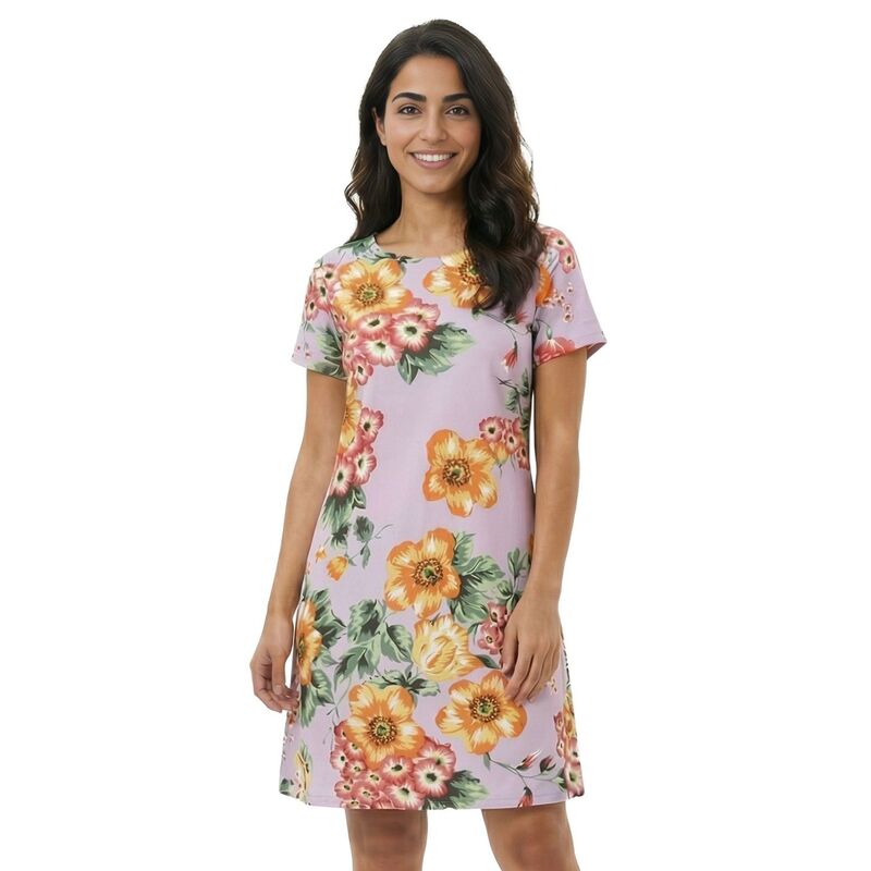 24 セブンコンフォート レディース トップス ワンピース フラワー柄 プチ ミニ フラワー Petite 24Seven Comfort Apparel Floral Short Sleeve Round Neck Mini Shift Dress Lilac Multi ライラック｜ReVida 店