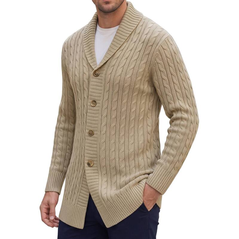 インスパイア シック メンズ アウター ニット・セーター リブ カーディガン INSPIRE CHIC Men'slim Shawl Collar Button Long Cable Knit Ribbed Sweaters Cardigan Outerwear Khaki カーキ｜ReVida 店